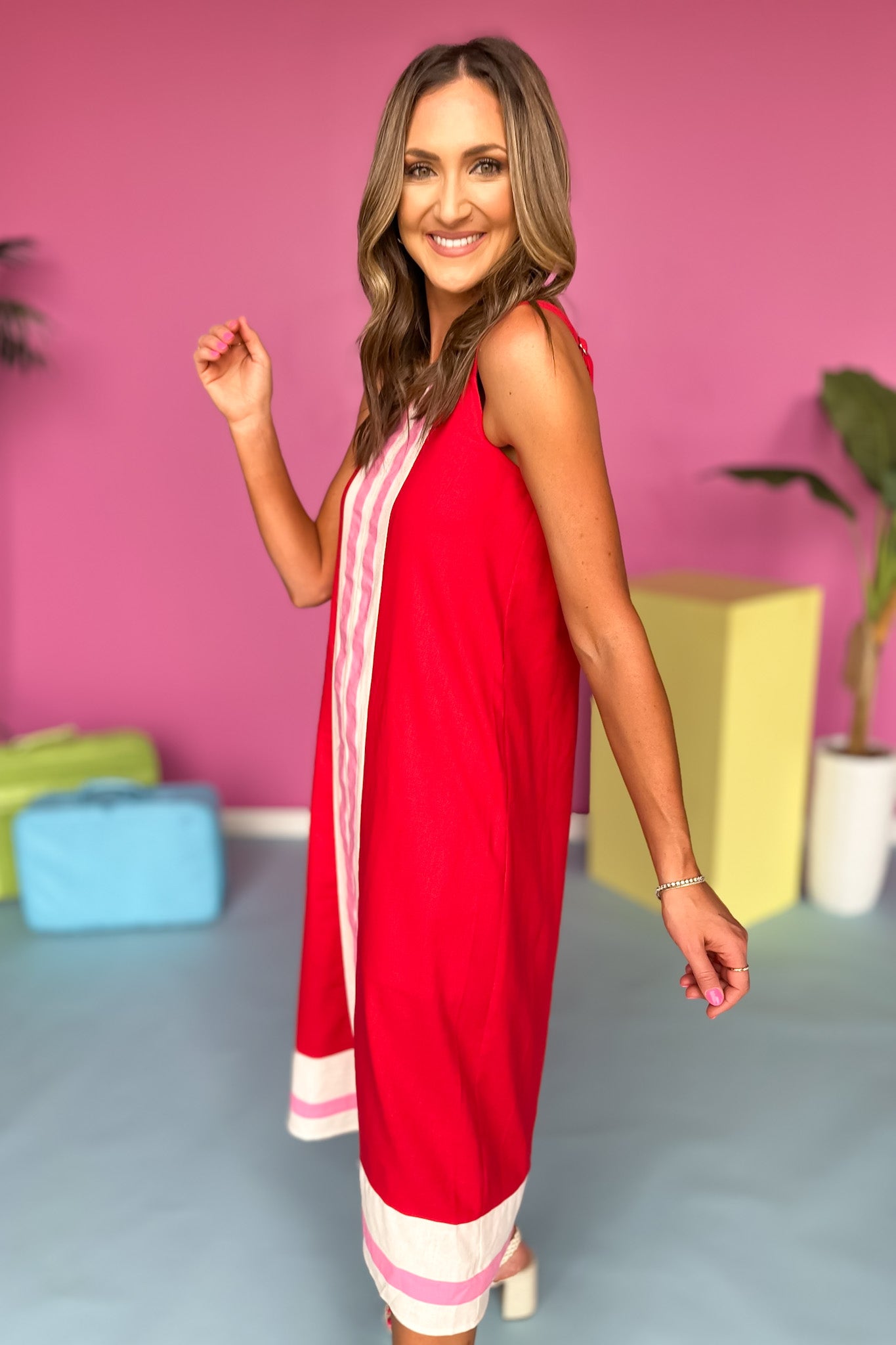 Red Square Neck Contrast Accent Midi Dress