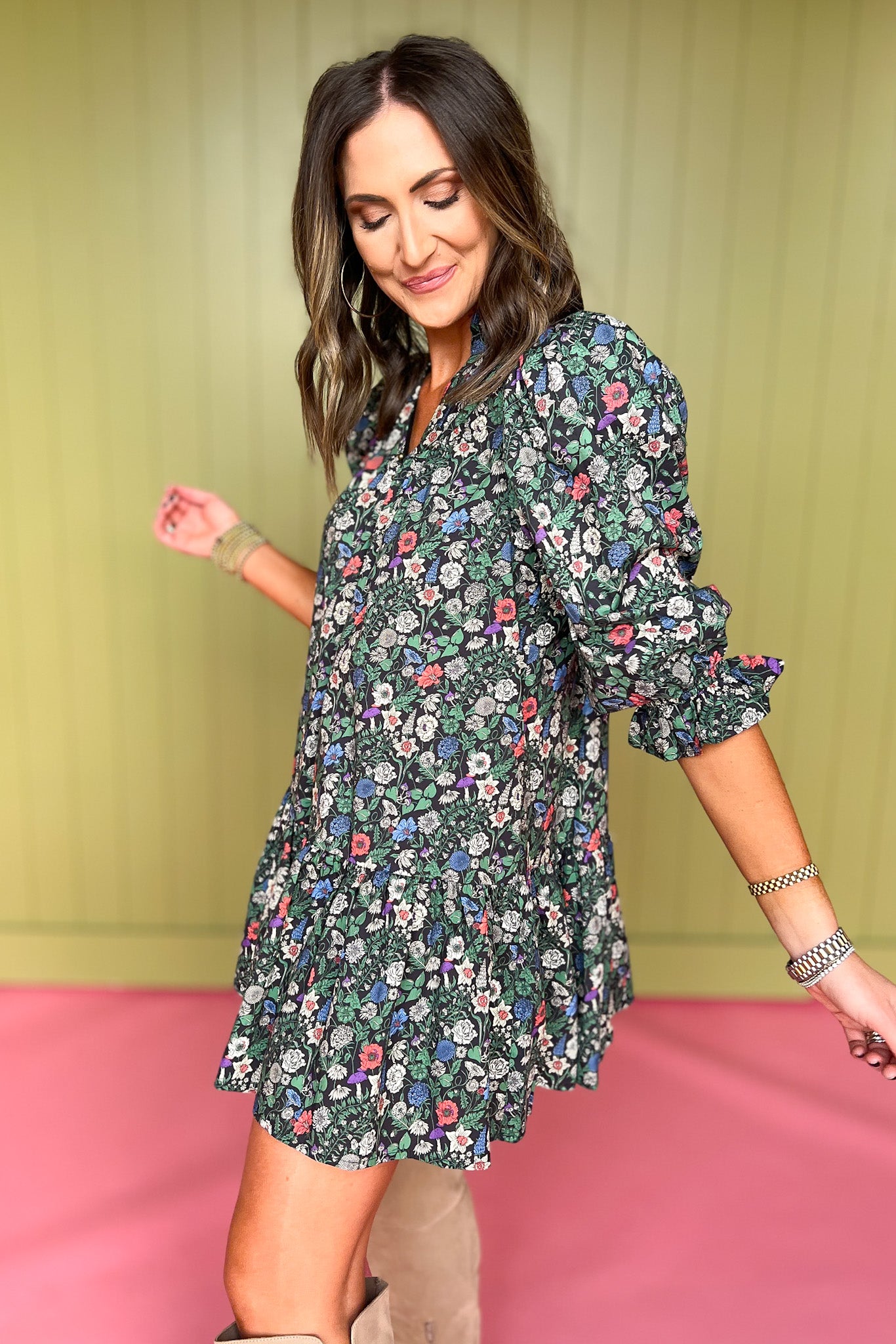 Black Floral 3/4 Puff Sleeve Dress