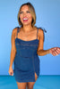 Dark Denim Self Tie Strap Romper, adjustable tie straps, a flattering fit, and a comfortable, breathable design, concert outfit, game day, spring, summer, ssys by mallory fitzsimmons