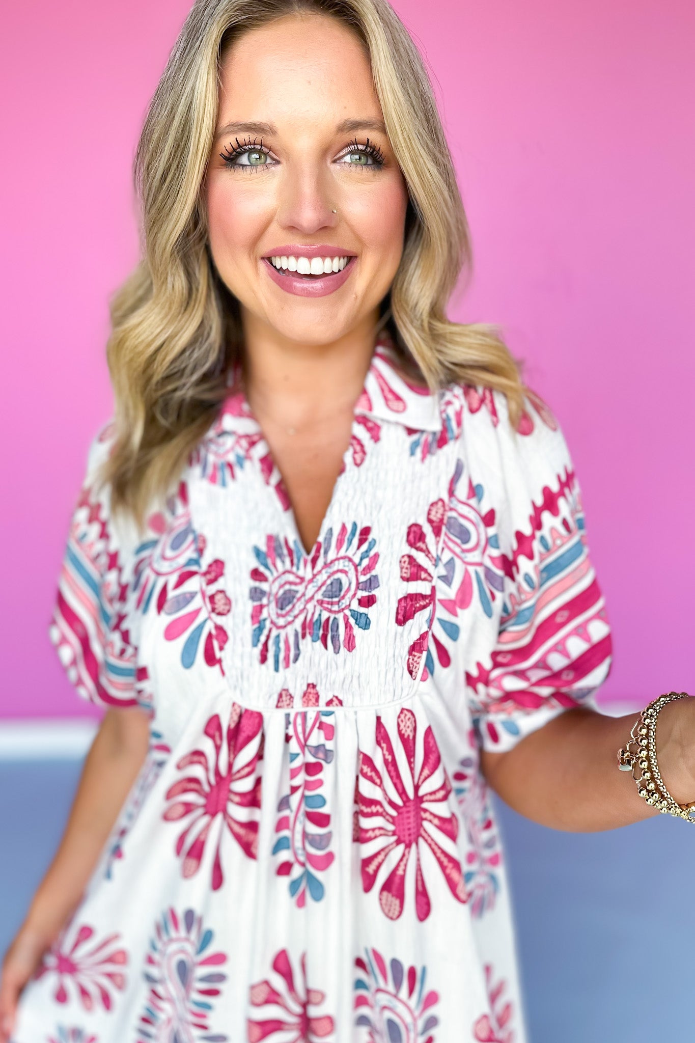 Pink Printed Smocked Yoke Balloon Sleeve Midi Dress
