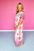 Pink Printed Smocked Yoke Balloon Sleeve Midi Dress