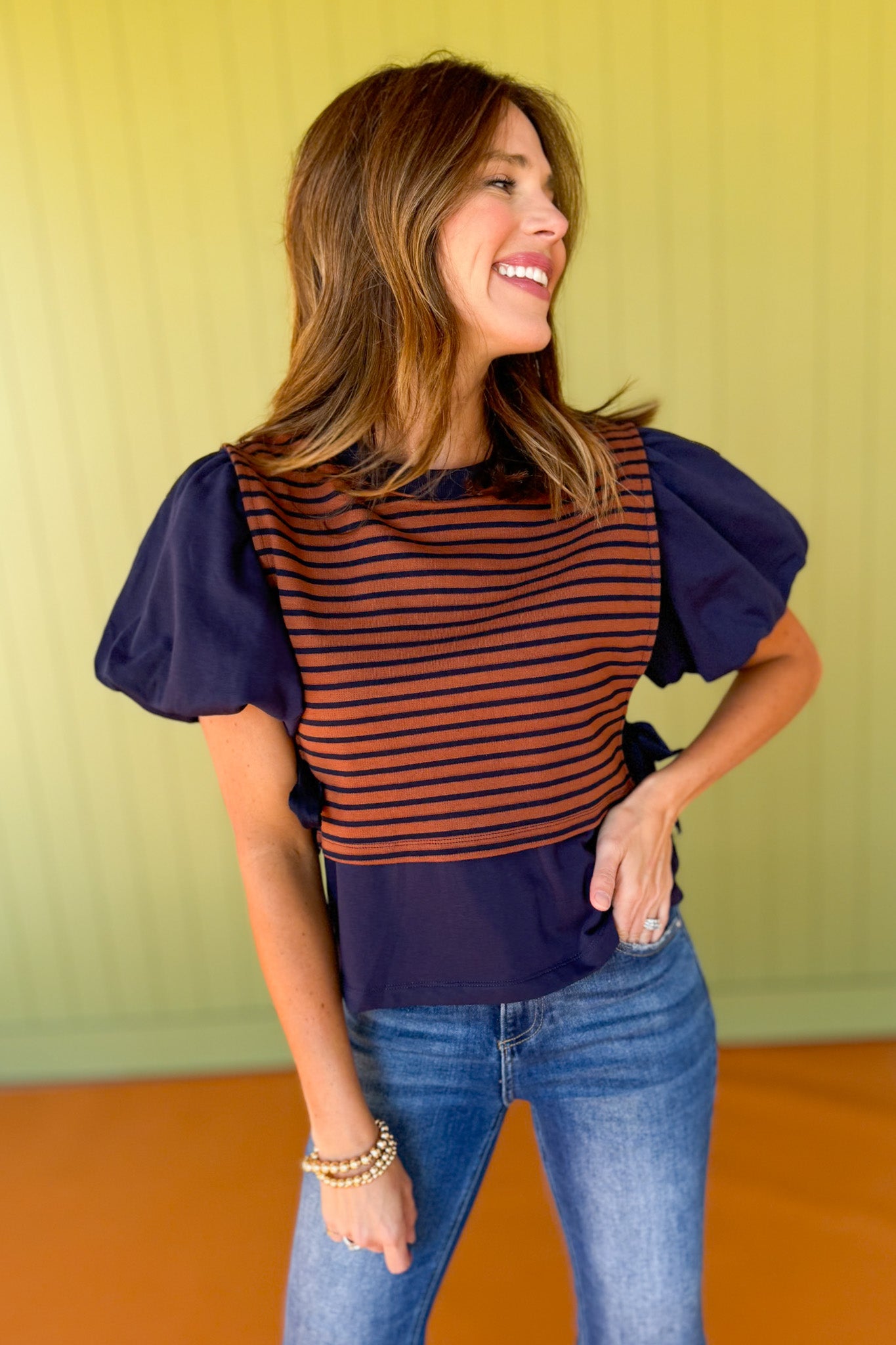 Navy Striped Short Bubble Sleeve Self Tie Side Twofer Top