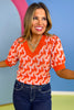 Orange Geometric Print V Neck Puff Sleeve Top