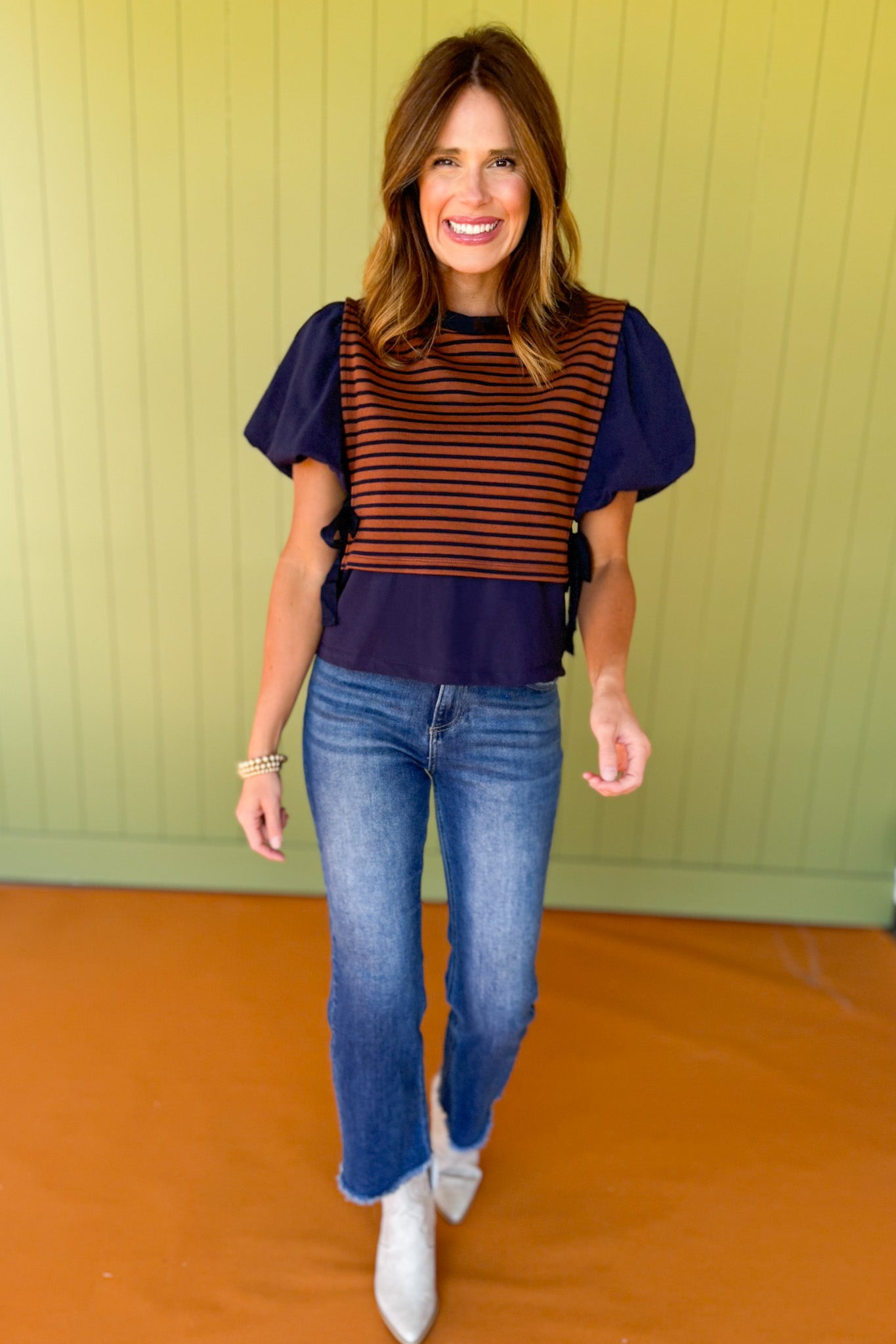 Navy Striped Short Bubble Sleeve Self Tie Side Twofer Top *FINAL SALE*