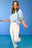 Blue Ribbed Multicolor Stripe Band Accent Top