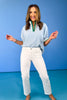 Blue Ribbed Multicolor Stripe Band Accent Top