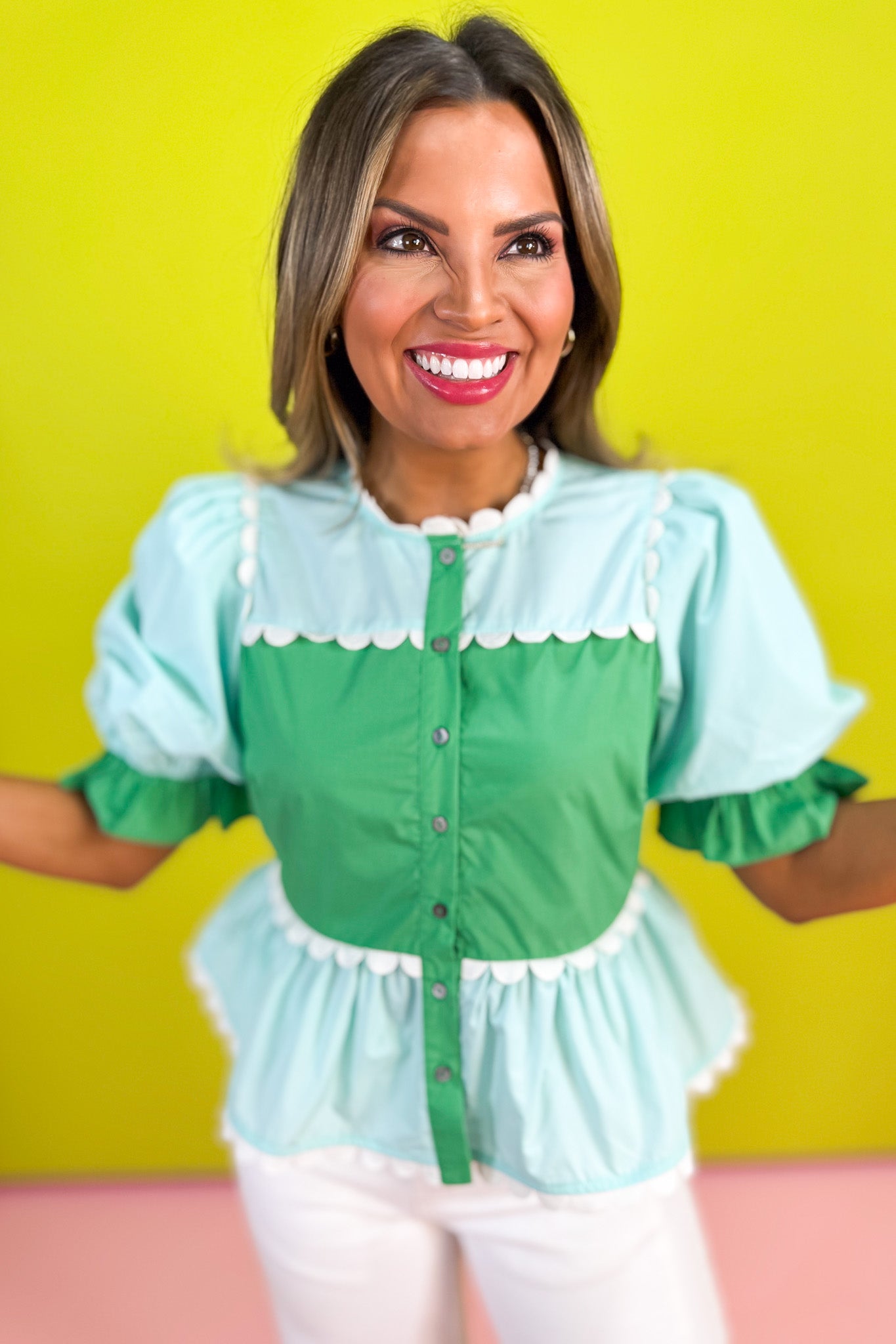 Mint Colorblock Scallop Trim Detail Short Puff Sleeve Top, mint, green, white scallop trim, button details, st. patricks day, spring top, work top, church top, ssys by mallory fitzsimmons