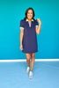SSYS Solid Navy Green Stripe Puff Short Sleeve Collared Scuba Dress