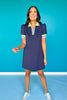 SSYS Solid Navy Green Stripe Puff Short Sleeve Collared Scuba Dress