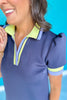 SSYS Solid Navy Green Stripe Puff Short Sleeve Collared Scuba Dress