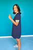 SSYS Solid Navy Green Stripe Puff Short Sleeve Collared Scuba Dress