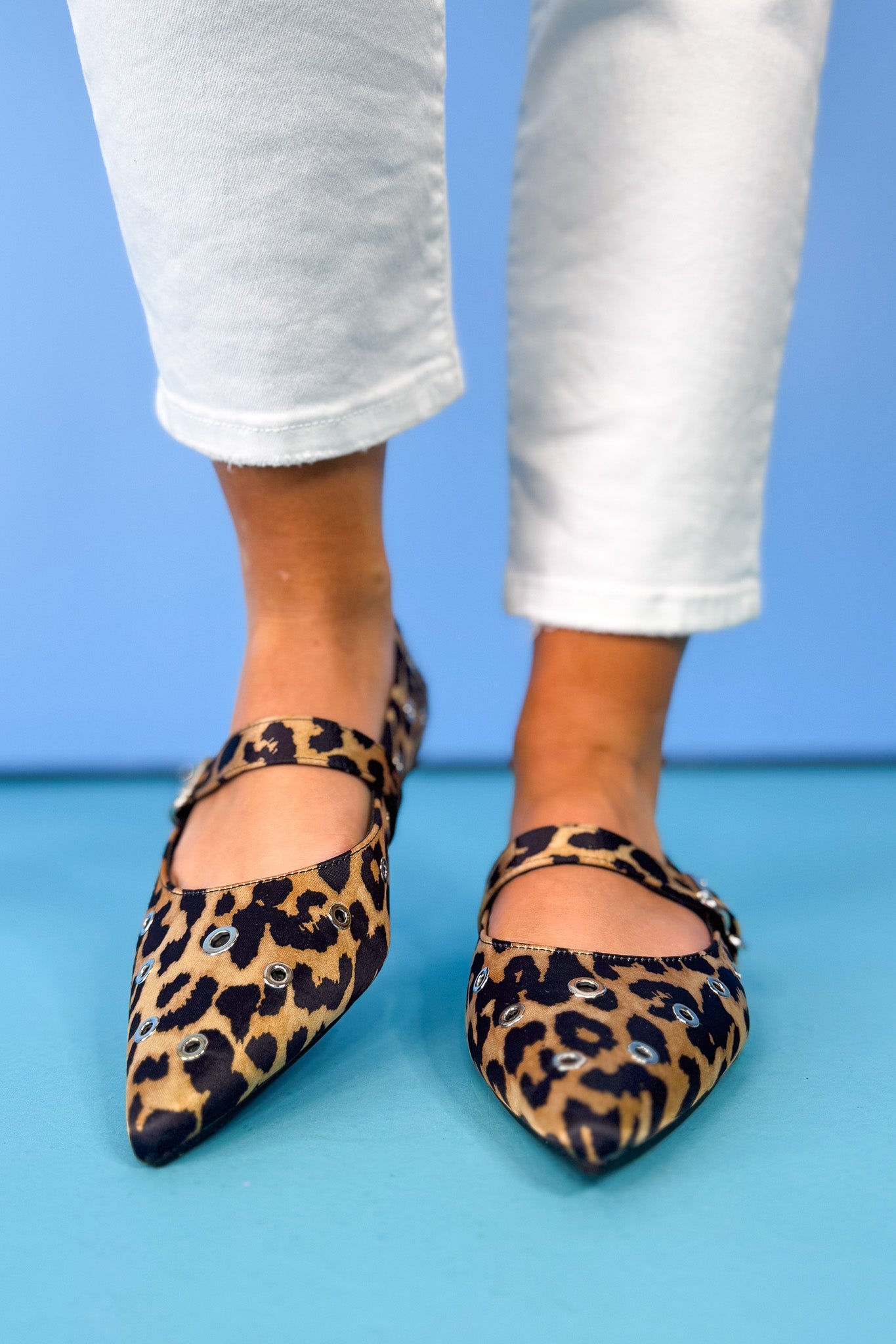 Animal Print Stud Detail Buckle Ballet Flats