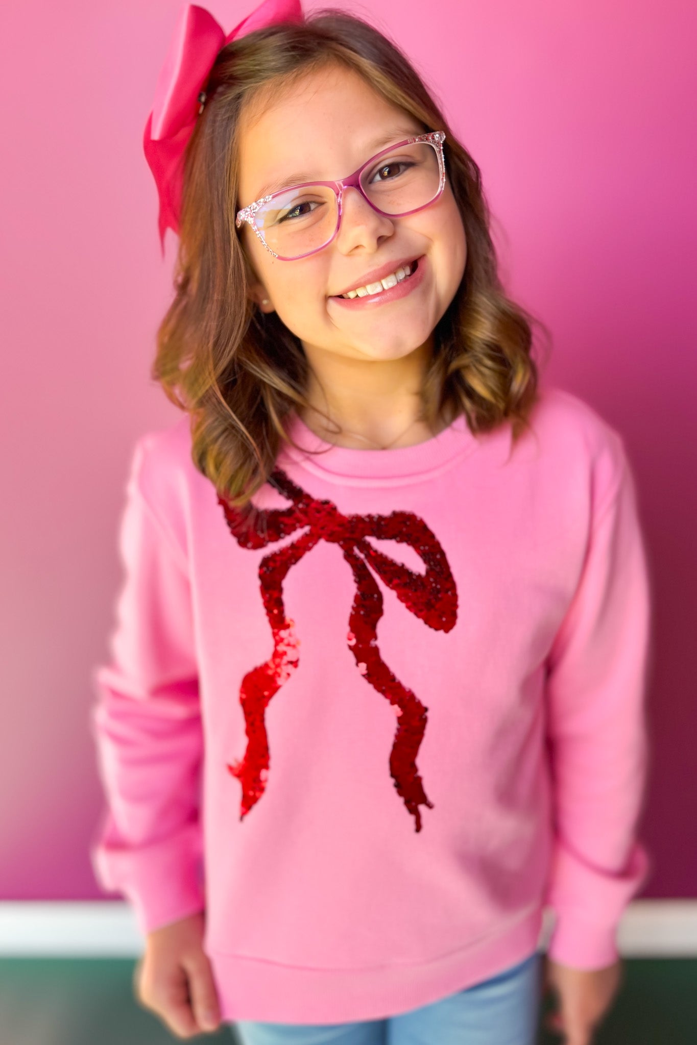 SSYS Kids Dorothy Bow Sequin Sweatshirt In Bubblegum