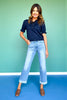 SSYS Bonnie Short Sleeve Ruffle Button Sweater In Navy