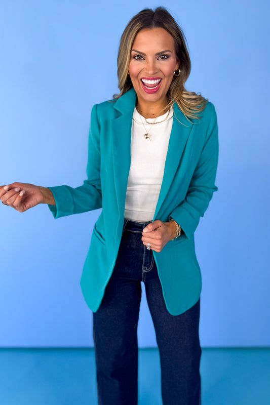 Teal Open Front Classic Blazer, chic, work blazer, professional, sophisticated, pockets, ssys by mallory fitzsimmons