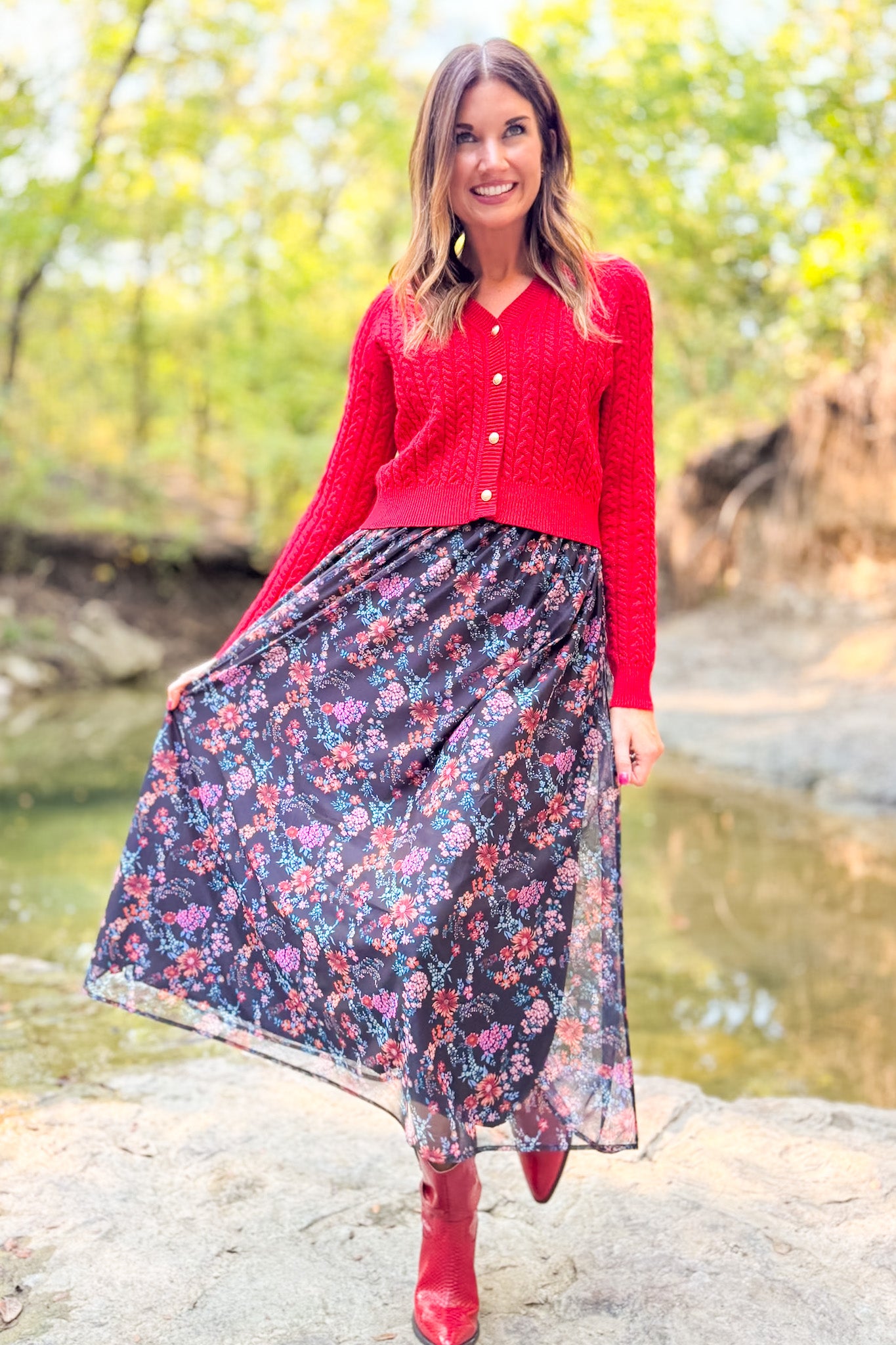 SSYS Ember Mesh Tulle Midi Skirt In Dark Floral