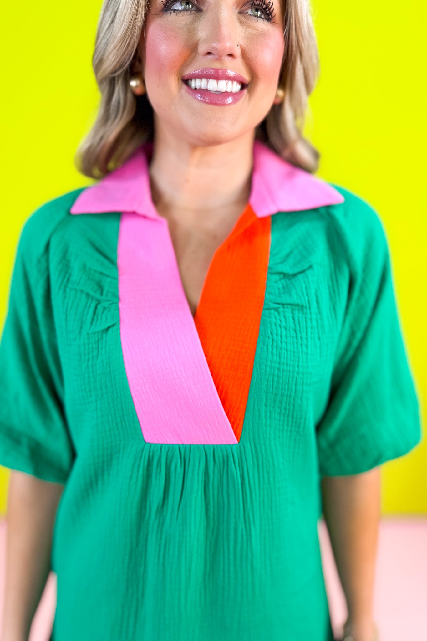 THML Green Contrast Collared V Neck Puff Sleeve Dress, pink and red v-neck collar, st. patricks day, church dress, spring dress, summer dress, work dress, ssys by mallory fitzsimmons