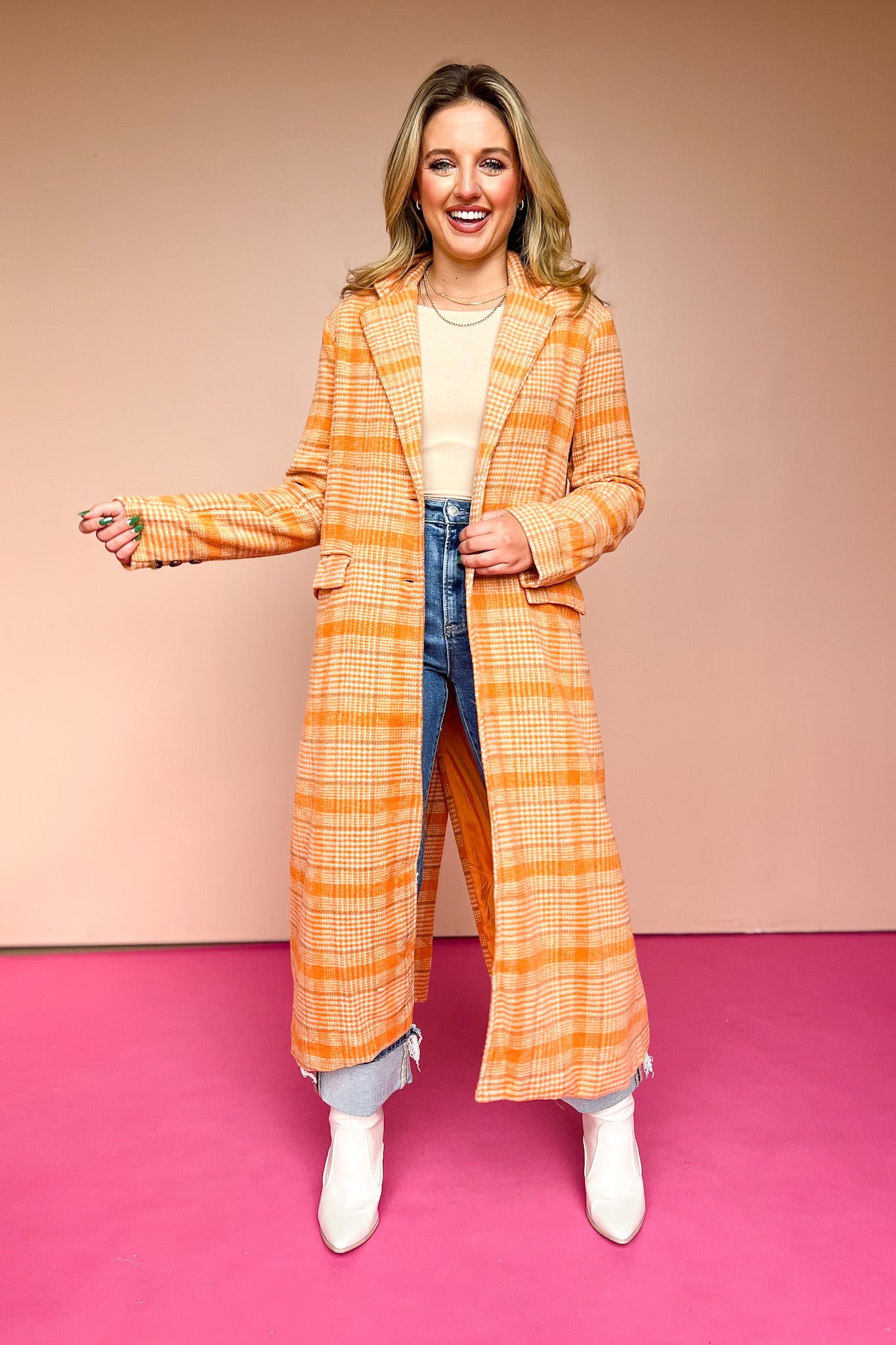 Hyfve Orange Plaid Button Detail Long Coat Small