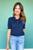 SSYS Bonnie Short Sleeve Ruffle Button Sweater In Navy