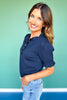 SSYS Bonnie Short Sleeve Ruffle Button Sweater In Navy