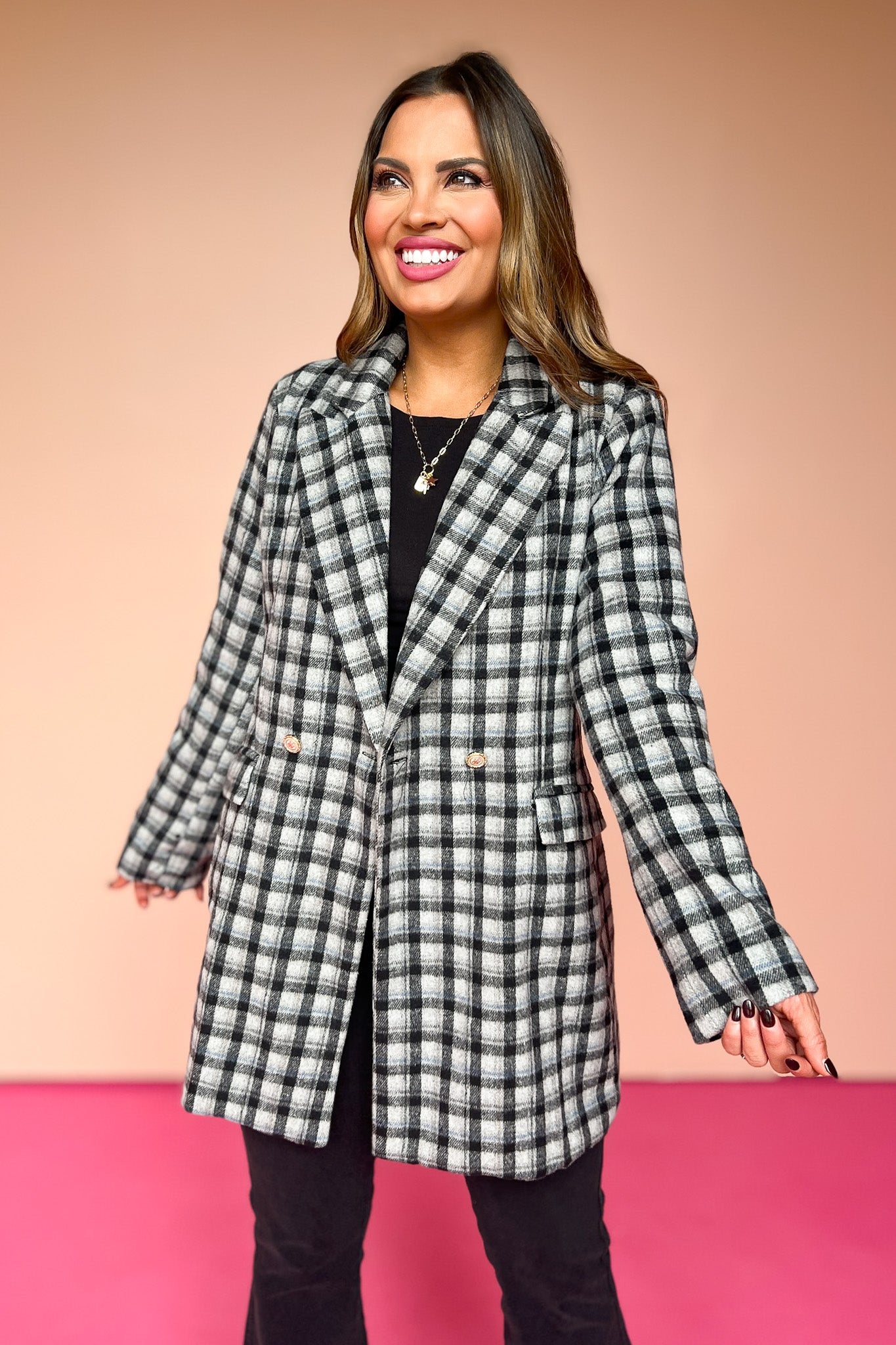 Black Plaid Open Front Jacket