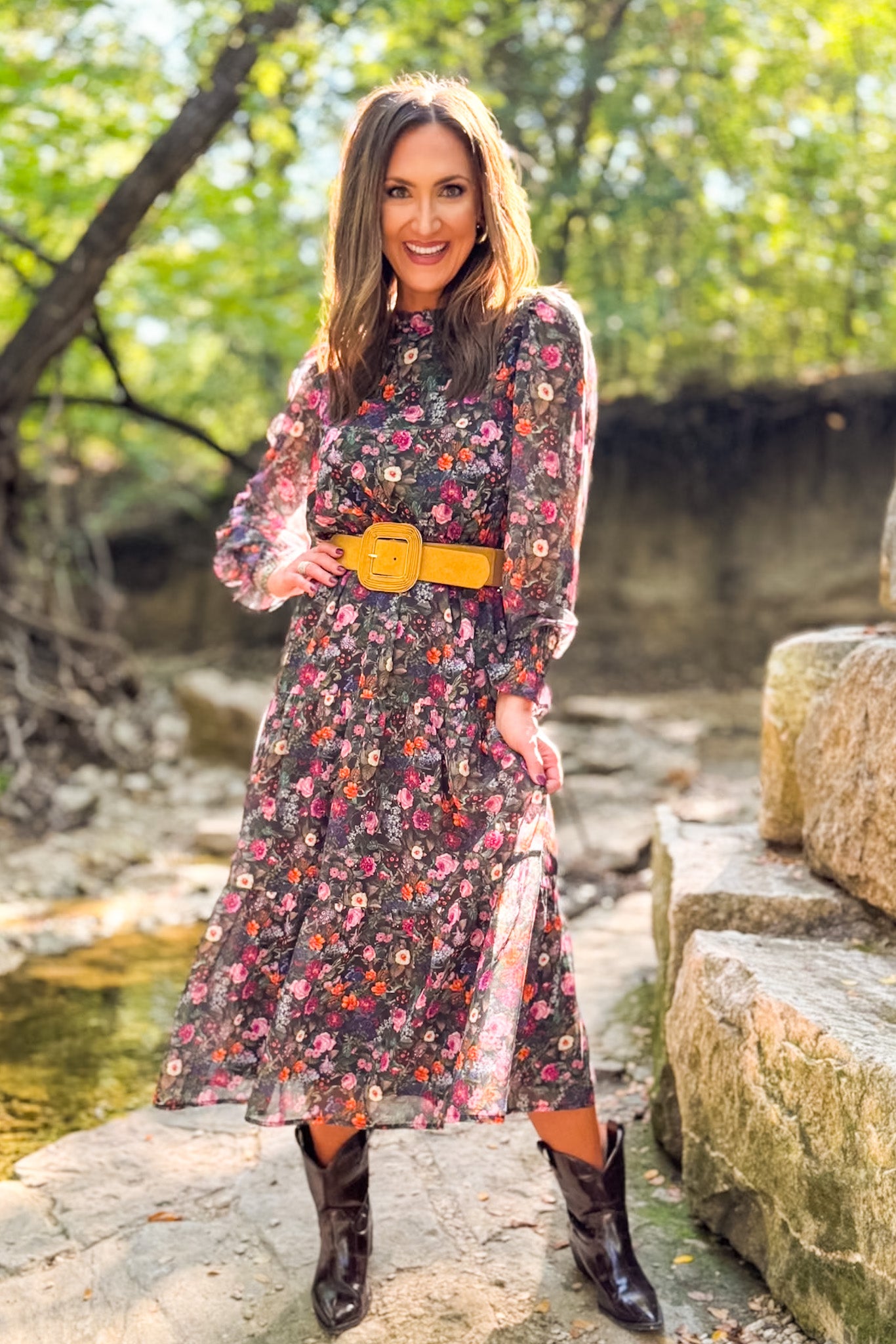 SSYS Danielle Printed Sheer Sleeve Dress In Floral