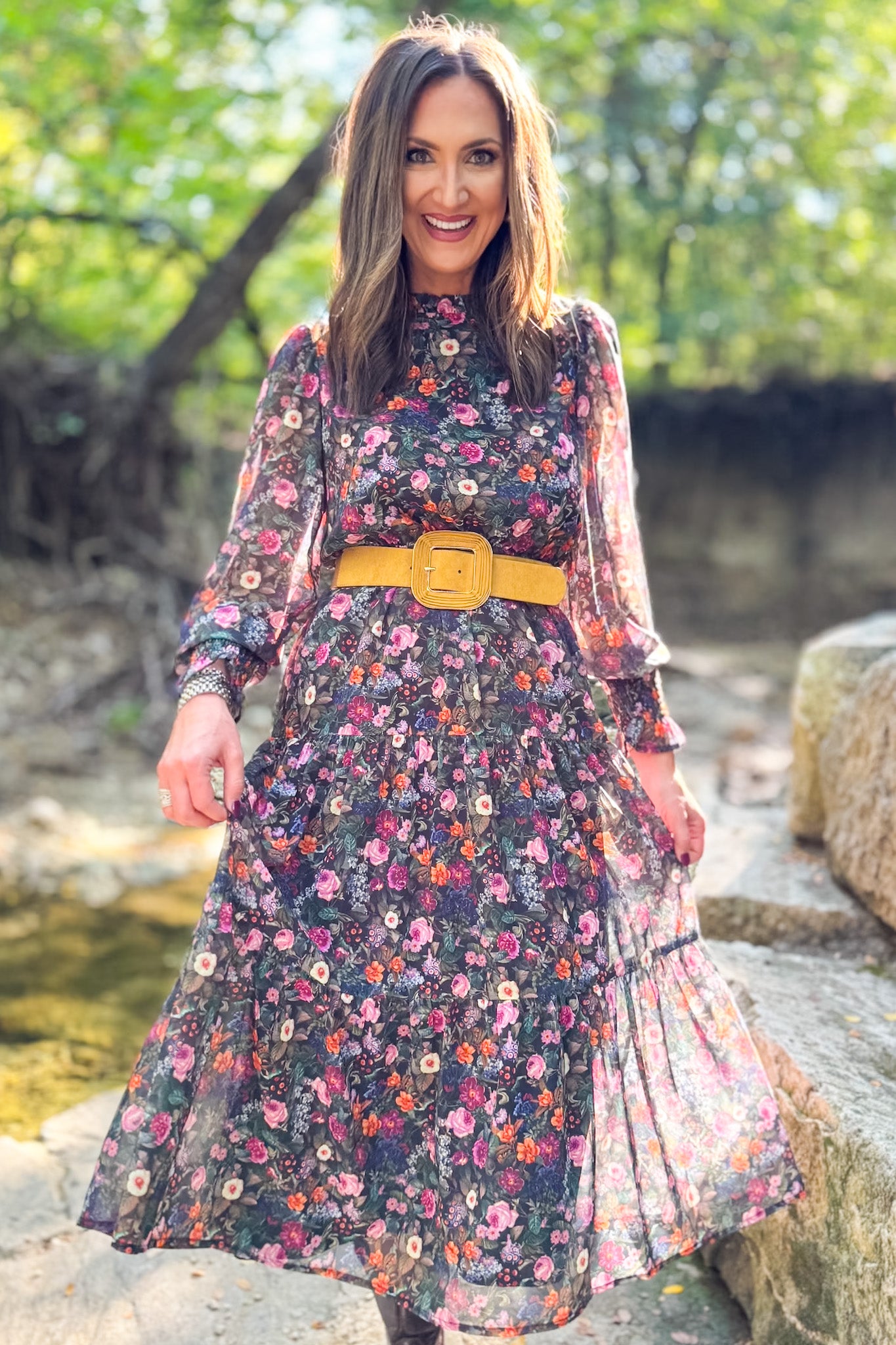 SSYS Danielle Printed Sheer Sleeve Dress In Floral