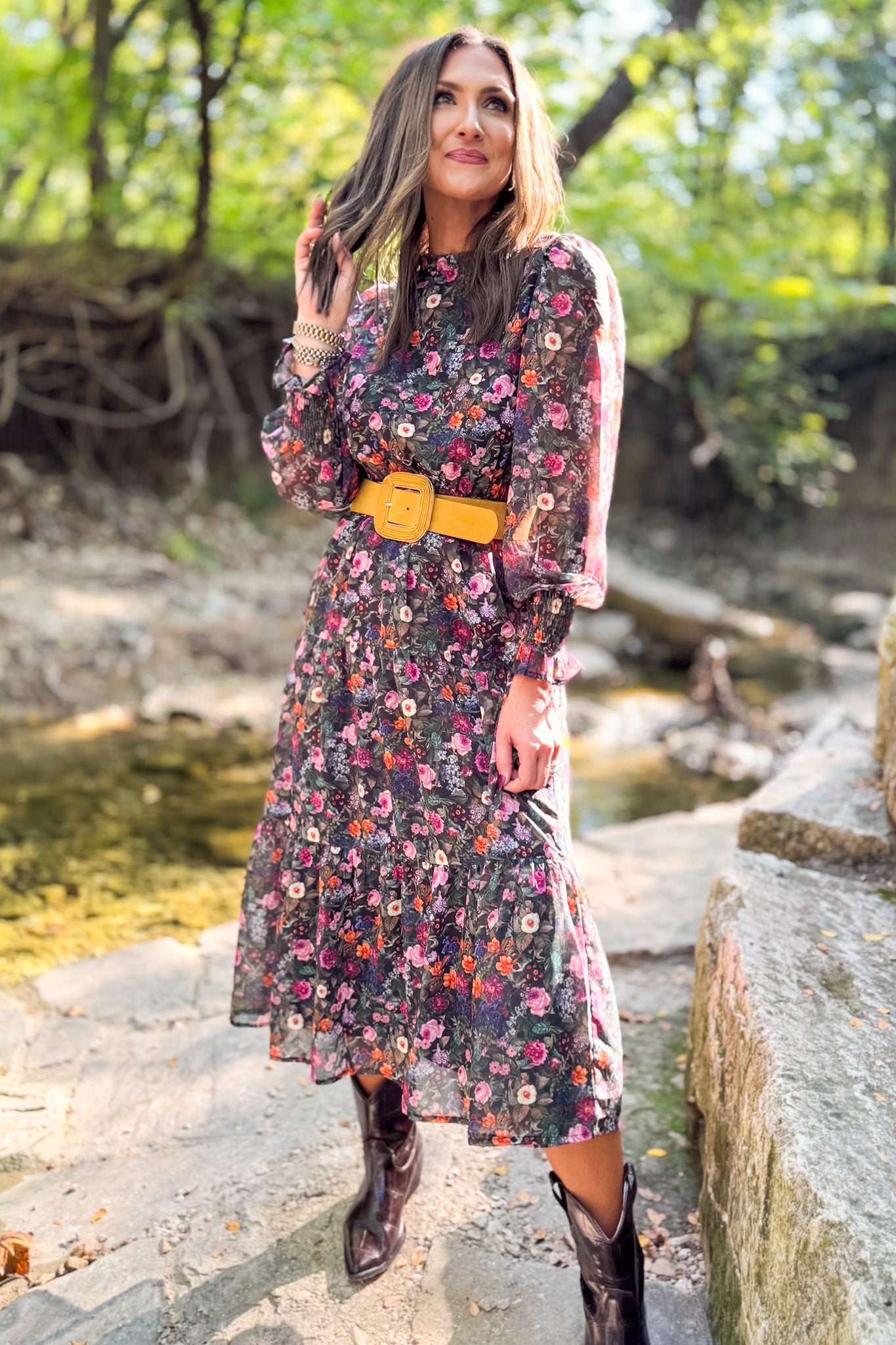 SSYS Danielle Printed Sheer Sleeve Dress In Floral