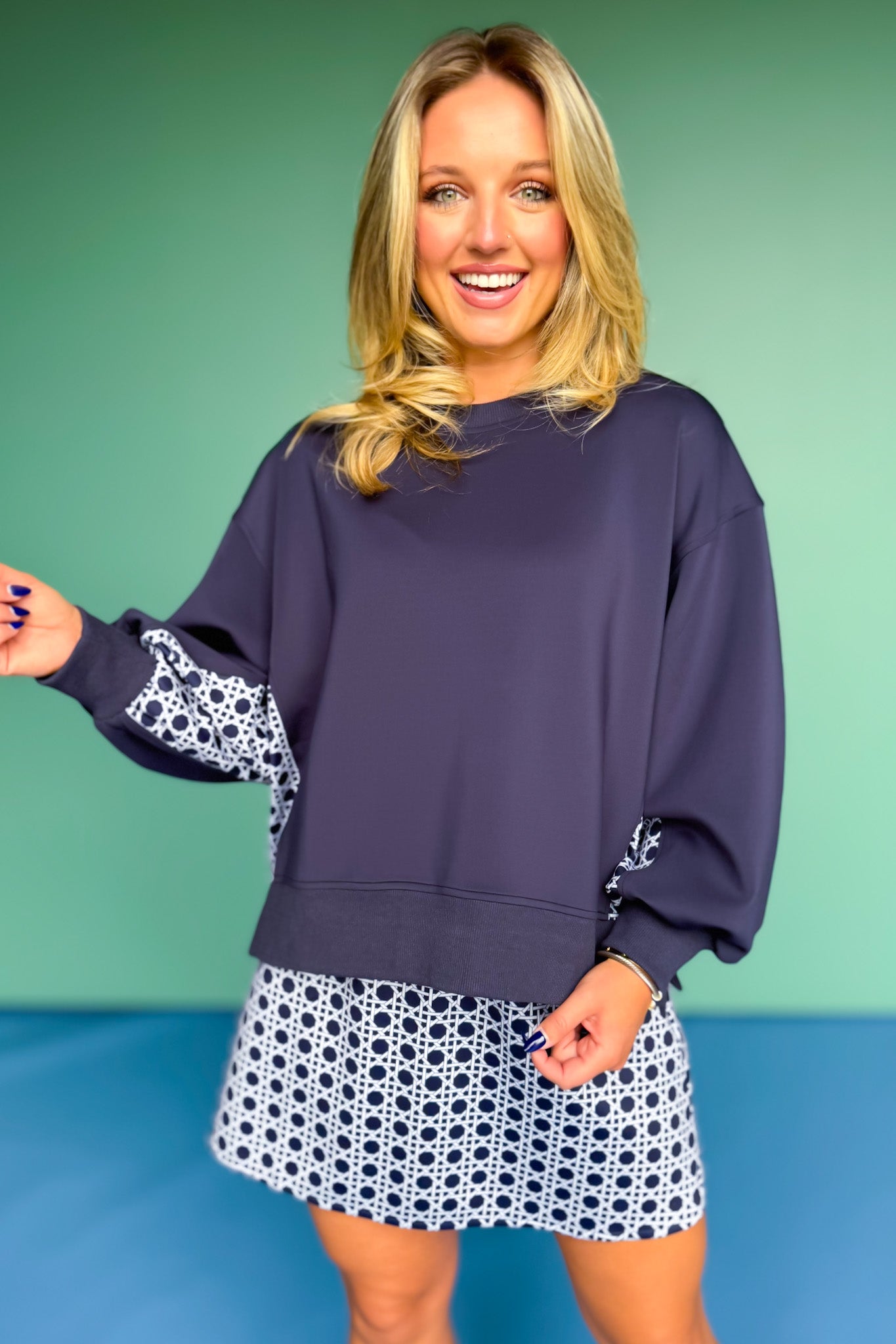 SSYS Crew Neck Printed Panel Scuba Sweatshirt In Navy Cane