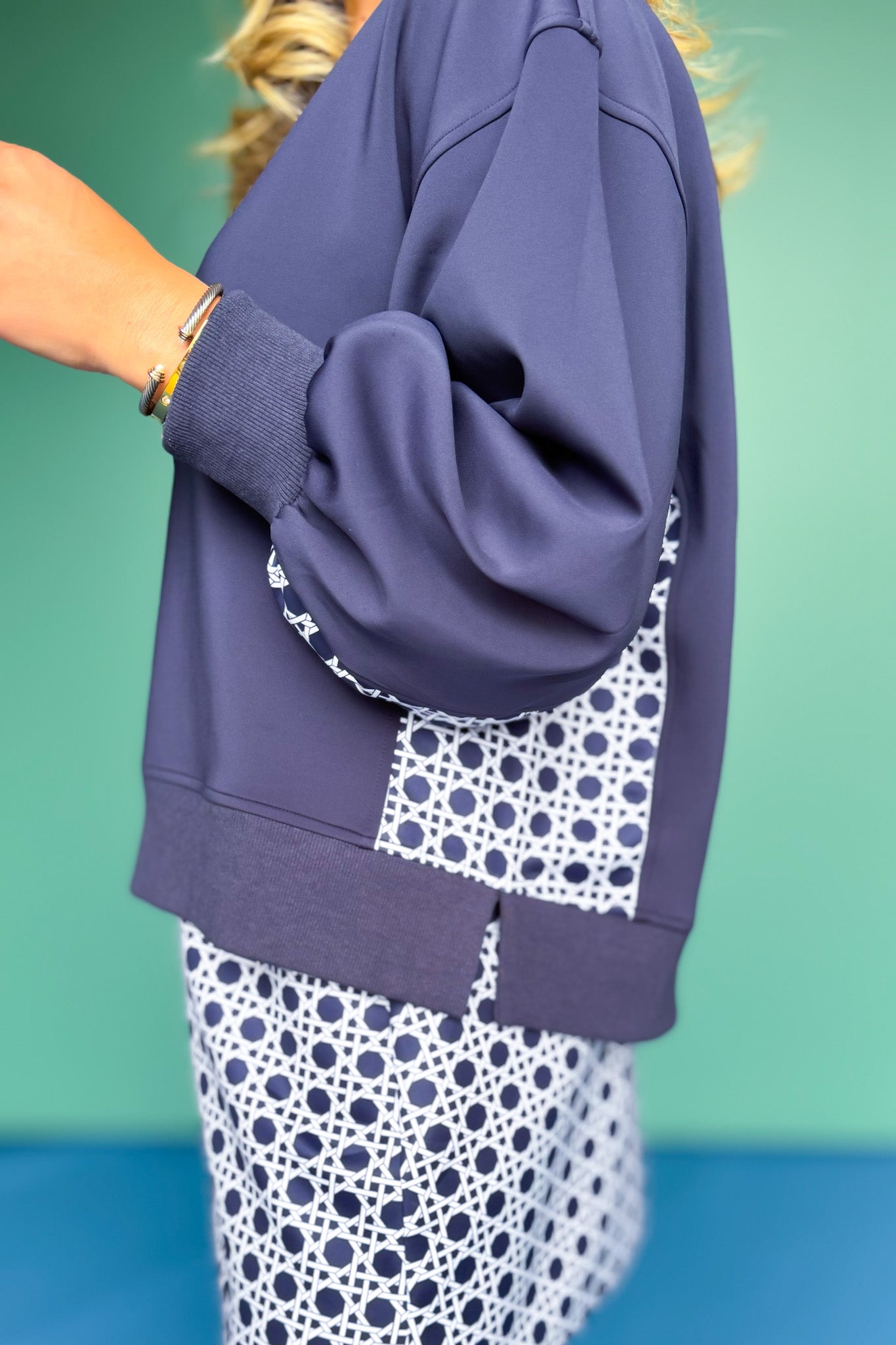 SSYS Crew Neck Printed Panel Scuba Sweatshirt In Navy Cane