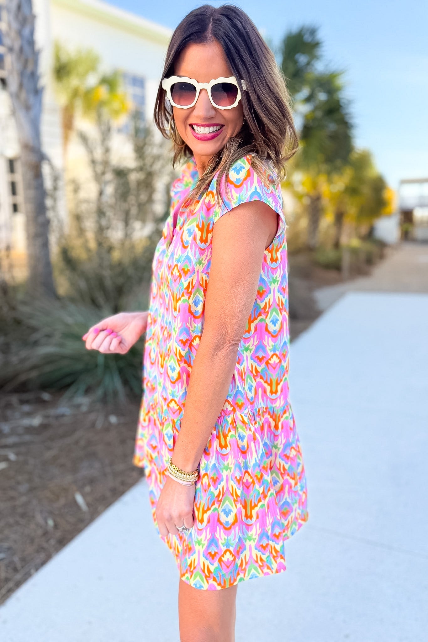 SSYS Alissa Short Sleeve Poplin Printed Ruffle Dress In Bright Bloomscape