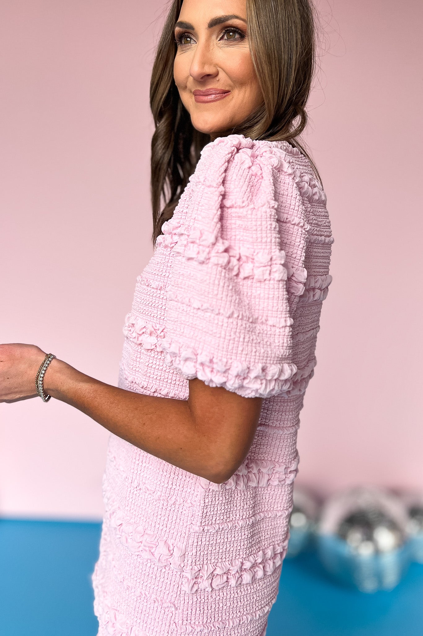 Pink Ruffle Detail Front Button Short Puff Sleeve Dress, spring style, pastel color, new arrivals, unique dress, elevated details, wedding guest, baby shower, bridal shower, ssys by mallory fitzsimmons