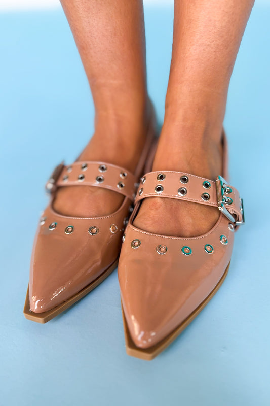 Beige Buckle Point Toe Ballet Flats