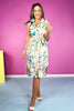 Cream Multi Print Cap Sleeve Tie Waist Midi Dress