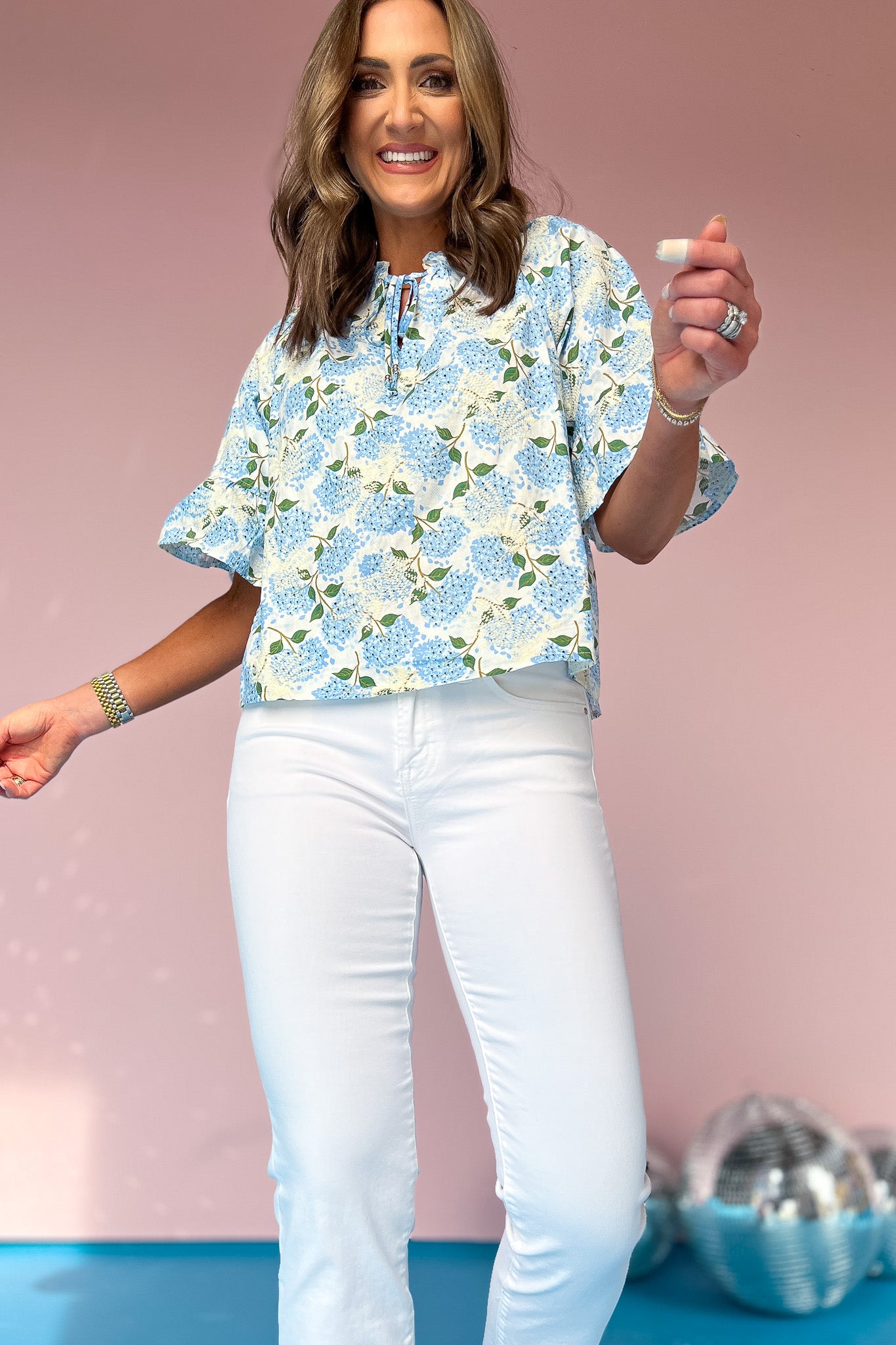 Blue Embroidered Floral Tiered Sleeve Top, spring ready, ditsy floral, cornflower blue, new arrivals, easy to wear, work wear, pop of color, elevated details, ssys by mallory fitzsimmons