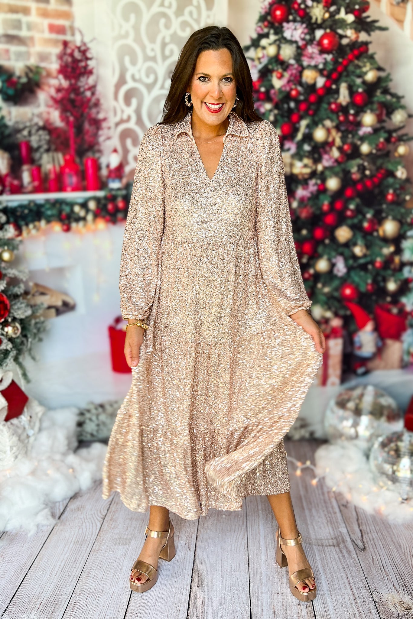  SSYS The Tinsley Long Sleeve Maxi Dress In Champagne Sequin, ssys holiday, ssys the label, sequin, ssys sequins, holiday outfit, must have holiday, christmas outfit, party outfit, elevated holiday, sparkly outfit, chic outfit,ssys by mallory fitzsimmons