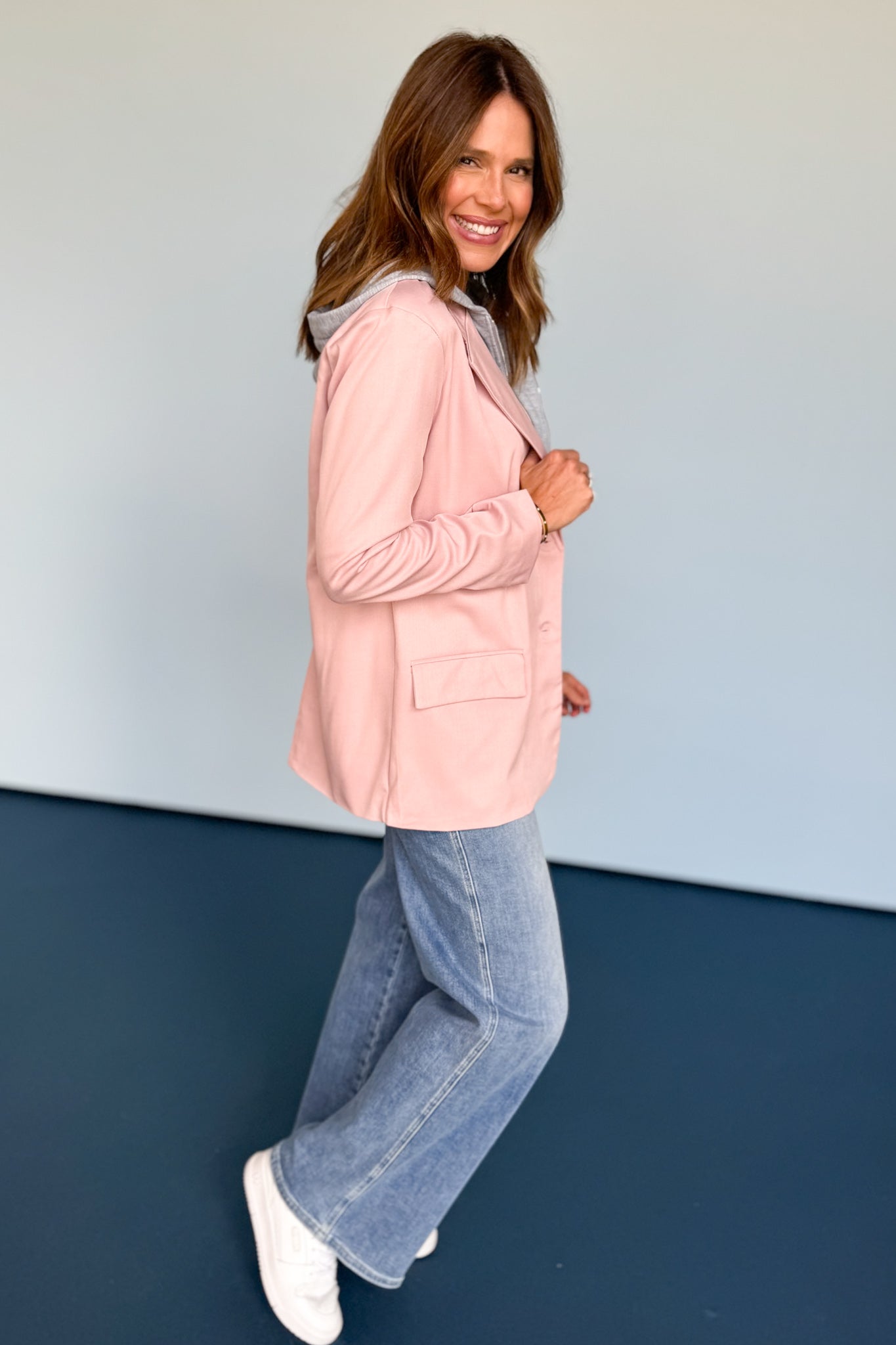 Pink blazer with hoodie insert, Blazer twofer, on trend blazer, chic trendy blazer top, workwear, streetwear, elevated basics, easy to wear later, on trend blazer, SSYS by mallory fitzsimons