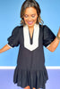 Black Contrast Neckband Short Puff Sleeve Dress *FINAL SALE*