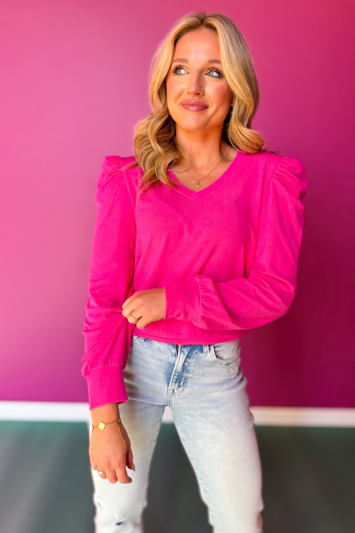 SSYS Sarah V Neck Long Puff Sleeve Top In Hot Pink