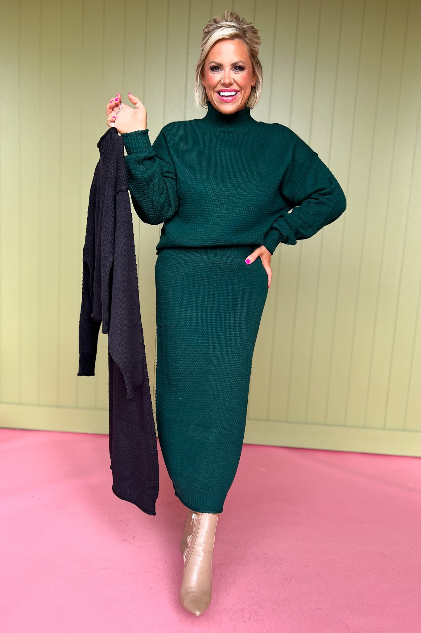 Dark Green High Neck Sweater Midi Skirt Set *FINAL SALE*