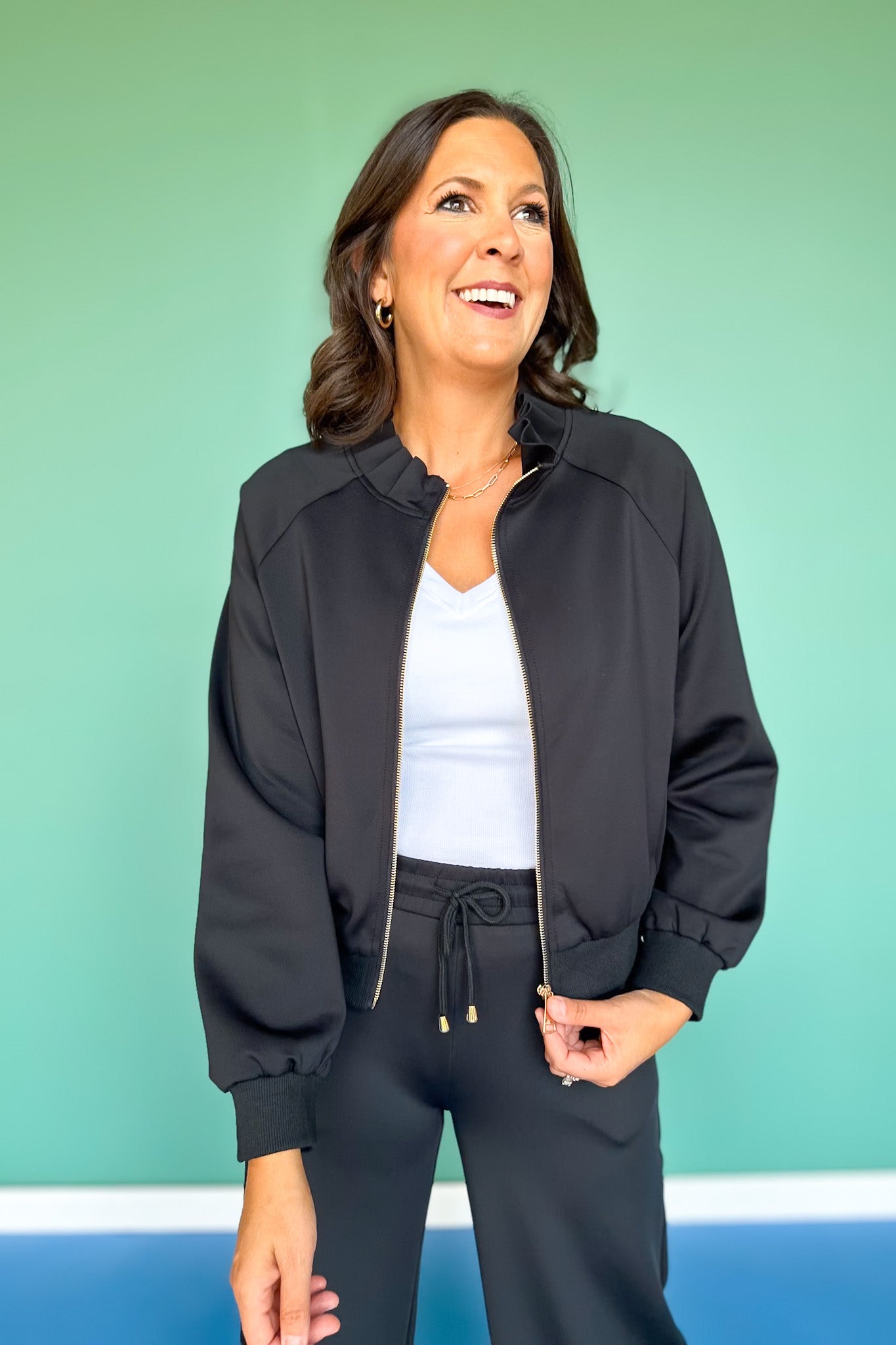 SSYS Black Scuba Ruffle Neck Zip Jacket