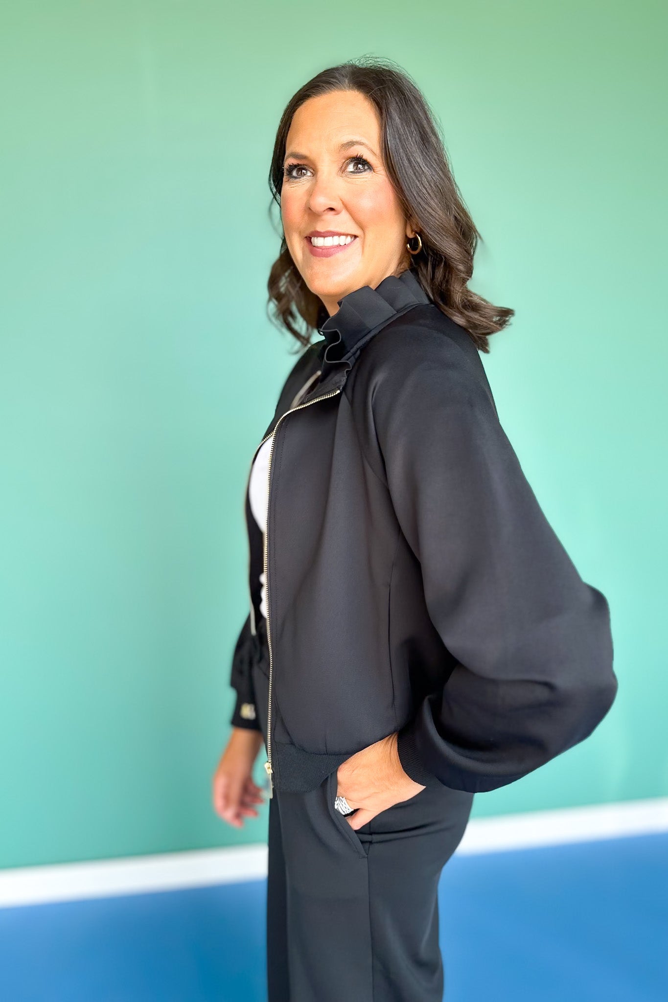 SSYS Black Scuba Ruffle Neck Zip Jacket
