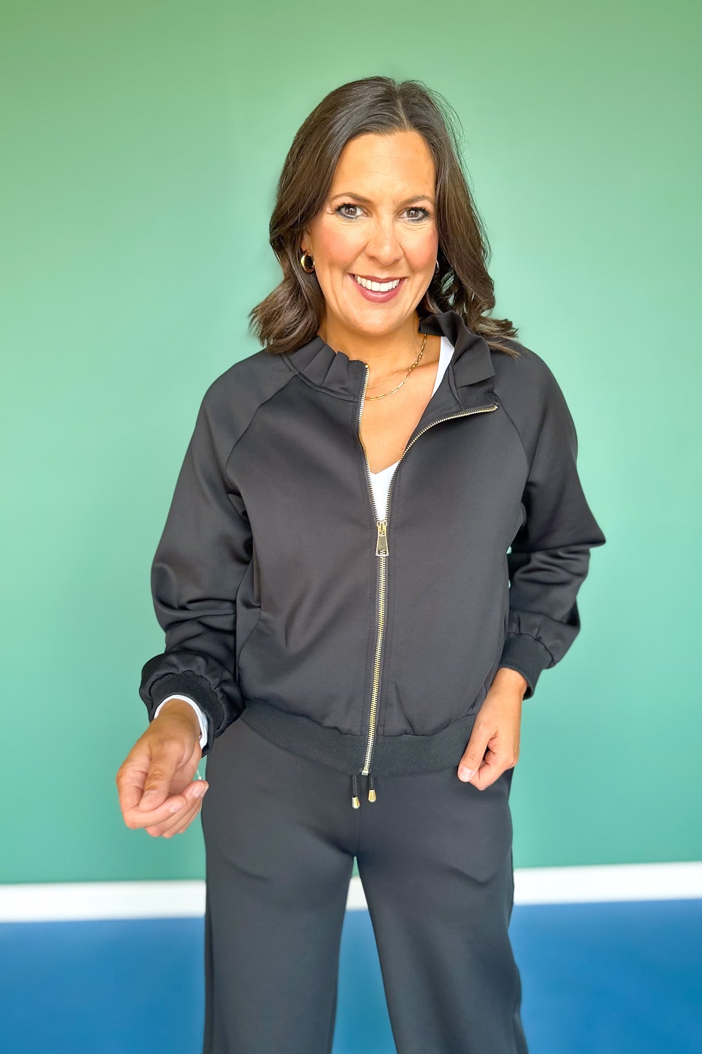 SSYS Black Scuba Ruffle Neck Zip Jacket