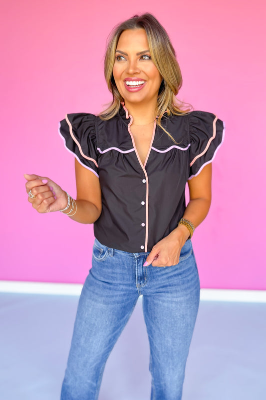 Black Contrast Scallop Trim Flutter Tiered Sleeve Top