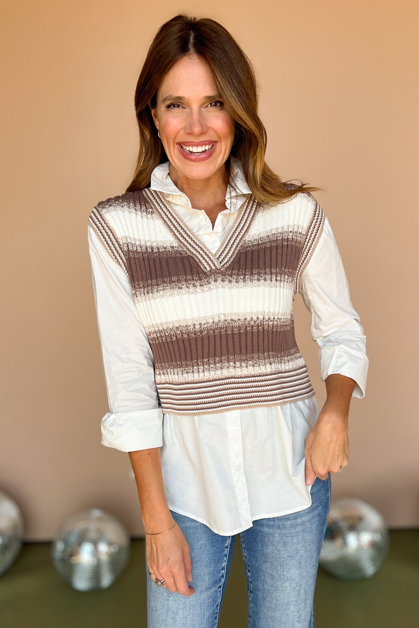 Brown Knit Stripe Vest Overlay Twofer Top, must have top, must have style, fall style, fall fashion, elevated style, elevated style, mom style, shop style your senses by mallory fitzsimmons, ssys by mallory fitzsimmons