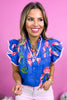 Blue Floral Print Frill V Neck Ruffle Sleeve Top
