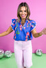 Blue Floral Print Frill V Neck Ruffle Sleeve Top