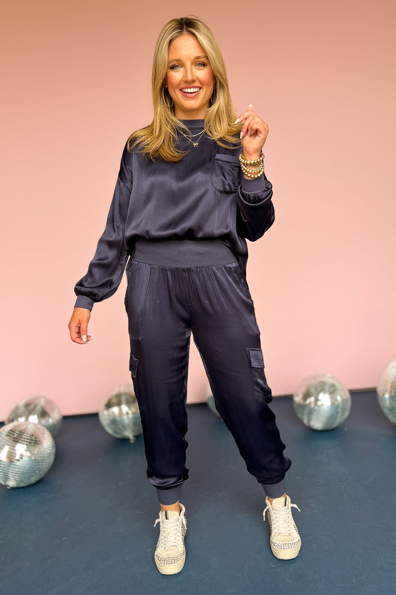  Midnight Blue Pull On Satin Cargo Joggers, jogger, must have pants, must have style, street style, fall style, fall fashion, fall pants, elevated style, elevated pants, mom style, shop style your senses by mallory fitzsimmons, says by Mallory Fitzsimmons