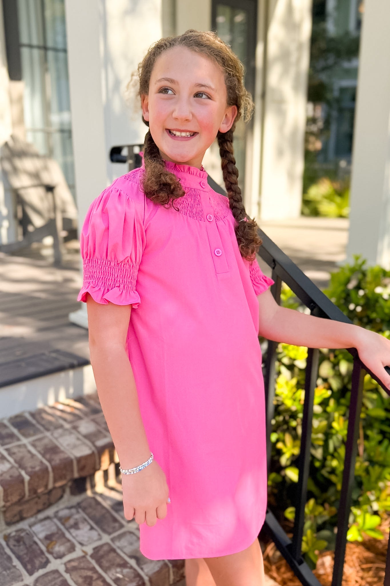 SSYS Kids Dahlia Smocked Short Sleeve Dress in Hot Pink