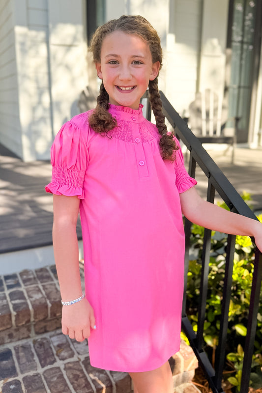 SSYS Kids Dahlia Smocked Short Sleeve Dress in Hot Pink